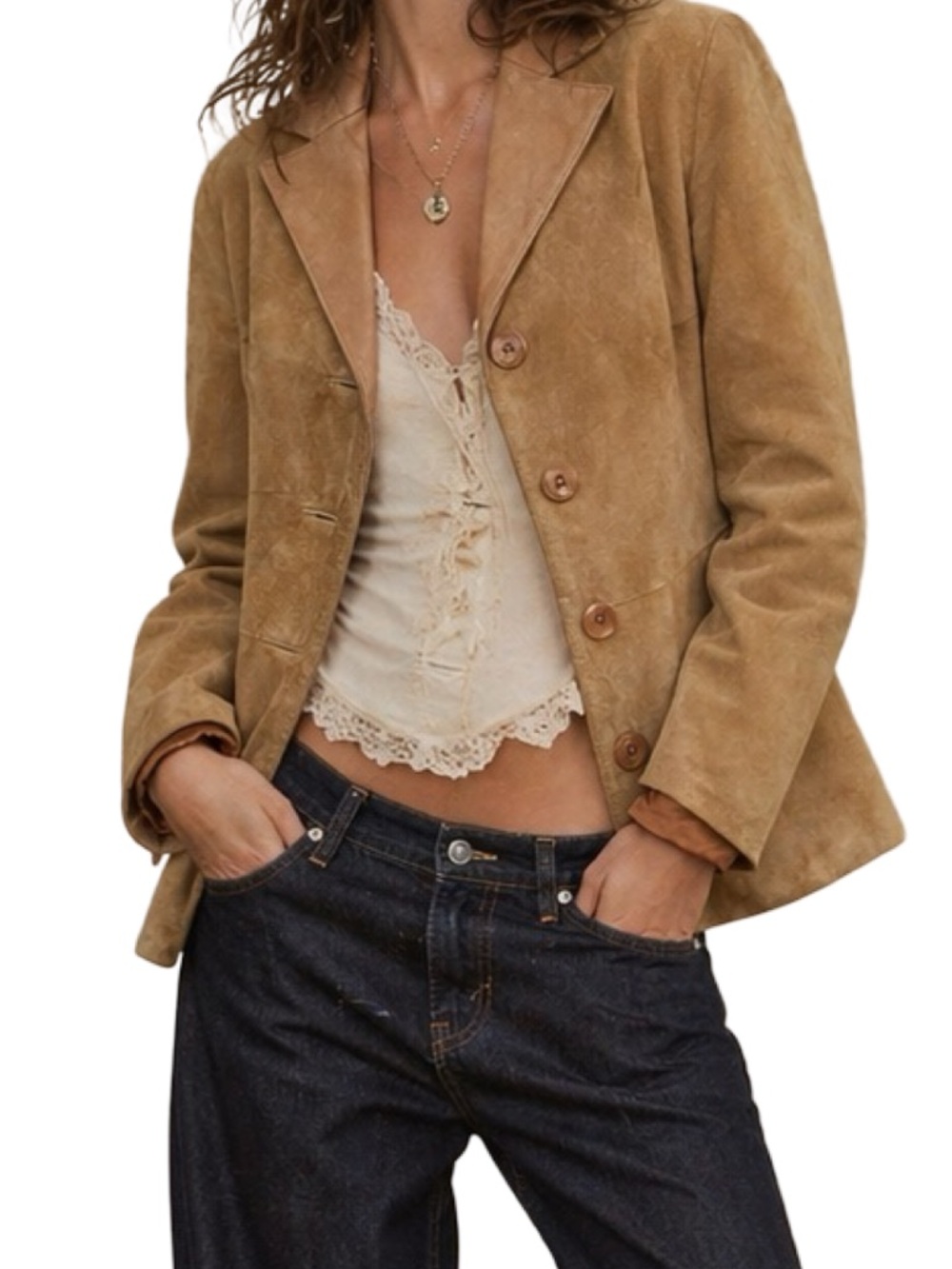 Vintage Denier Carmel Brown Suede Button-Front Blazer Jacket in Tan Boho Western